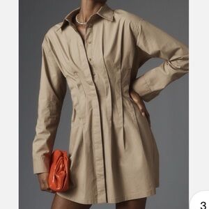 NWT Anthropologie Pilcro Pintuck Mini Shirt Dress Beige Tan Size Medium